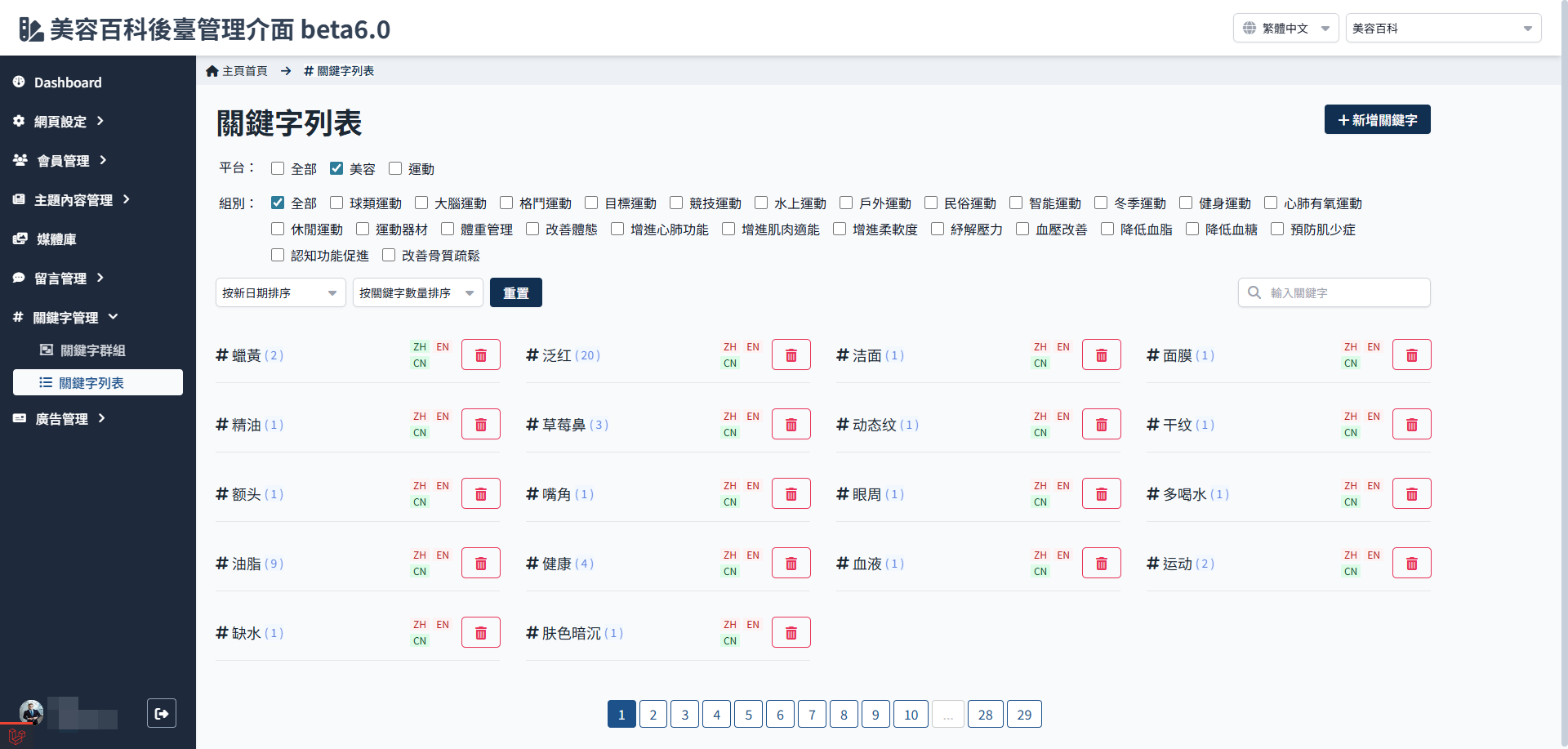 關鍵字列表